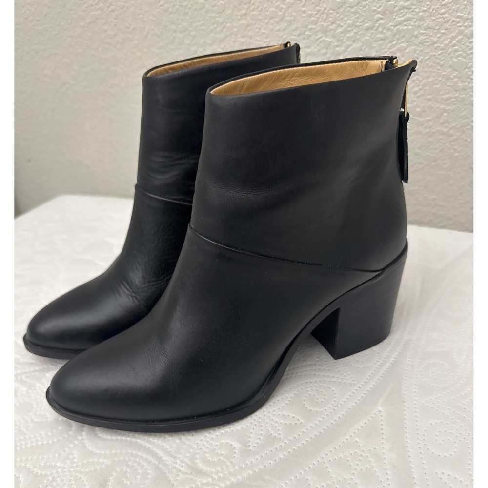 Nisolo Dari Ankle Boots Black Leather Booties Pointed Toe Block Heel Size 8.5